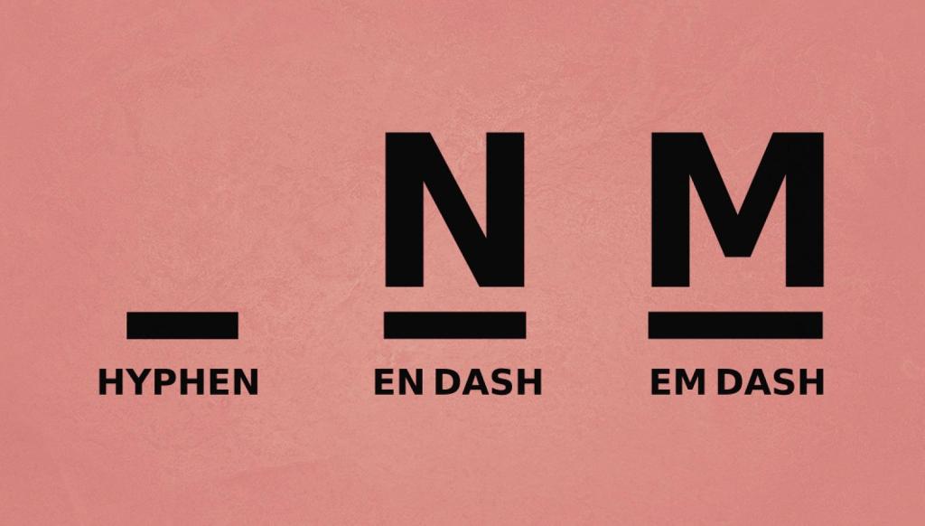 Three typographic marks showing the difference between a hyphen, en dash and em dash, labelled with their names.
